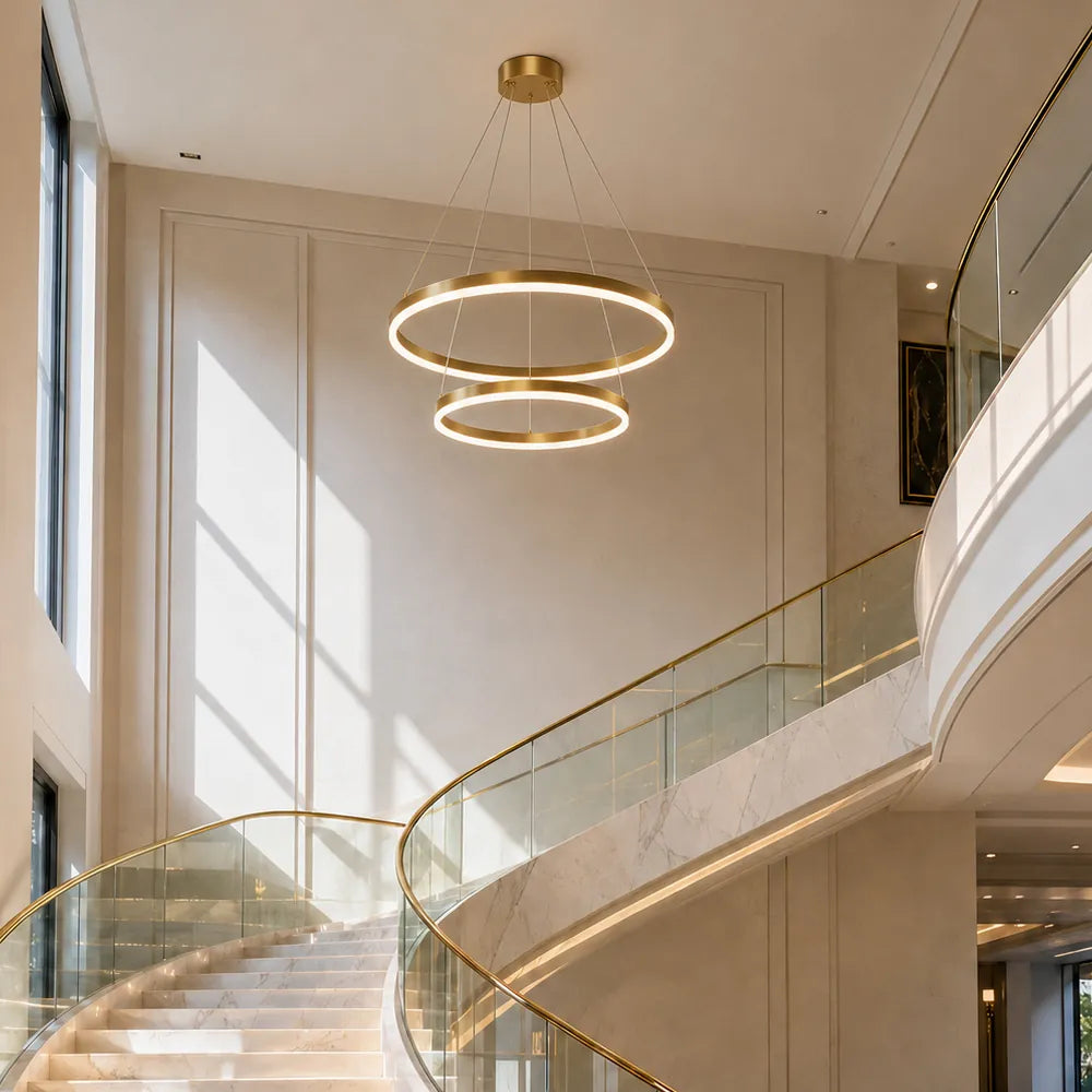 Two tier circular LED pendant light for modern foyer and staircase lighting