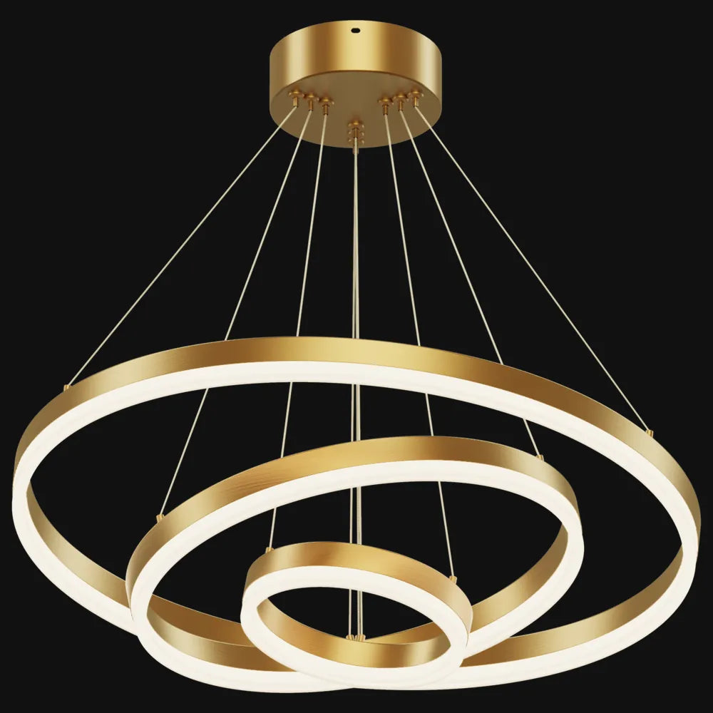 Gold 3-tier LED ring chandelier with natural copper rings, acrylic diffusers, and adjustable cable