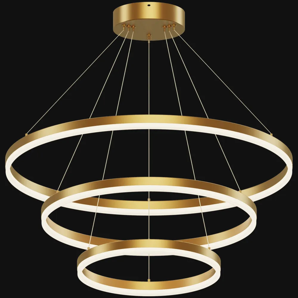 Gold 3-tier LED ring chandelier with natural copper rings, acrylic diffusers, and adjustable cable