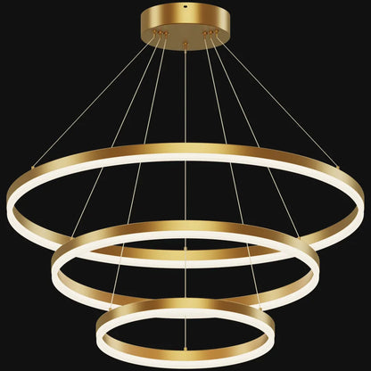 Gold 3-tier LED ring chandelier with natural copper rings, acrylic diffusers, and adjustable cable