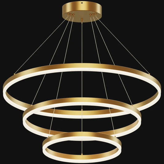 Gold 3-tier LED ring chandelier with natural copper rings, acrylic diffusers, and adjustable cable