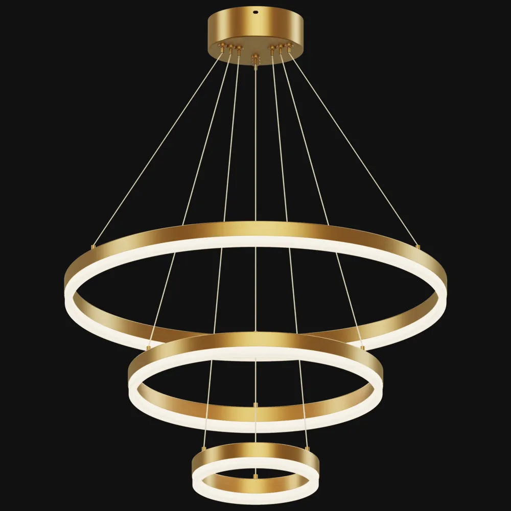 Gold 3-tier LED ring chandelier with natural copper rings, acrylic diffusers, and adjustable cable