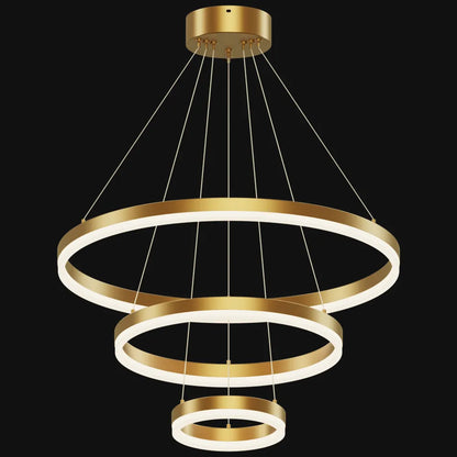 Gold 3-tier LED ring chandelier with natural copper rings, acrylic diffusers, and adjustable cable