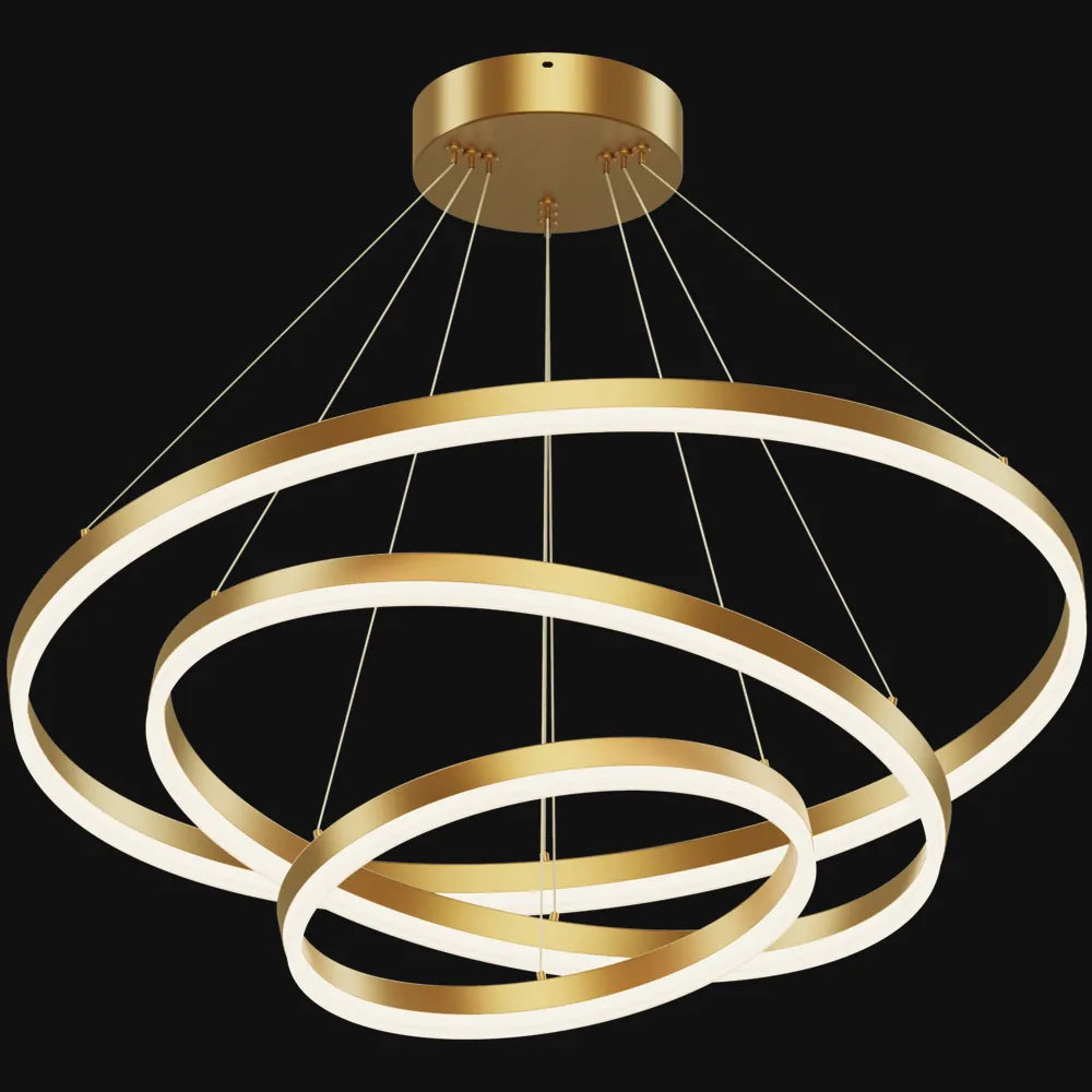 Gold 3-tier LED ring chandelier with natural copper rings, acrylic diffusers, and adjustable cable