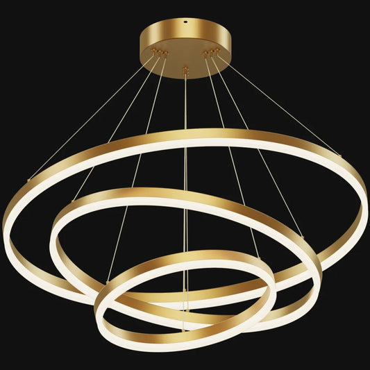 Gold 3-tier LED ring chandelier with natural copper rings, acrylic diffusers, and adjustable cable