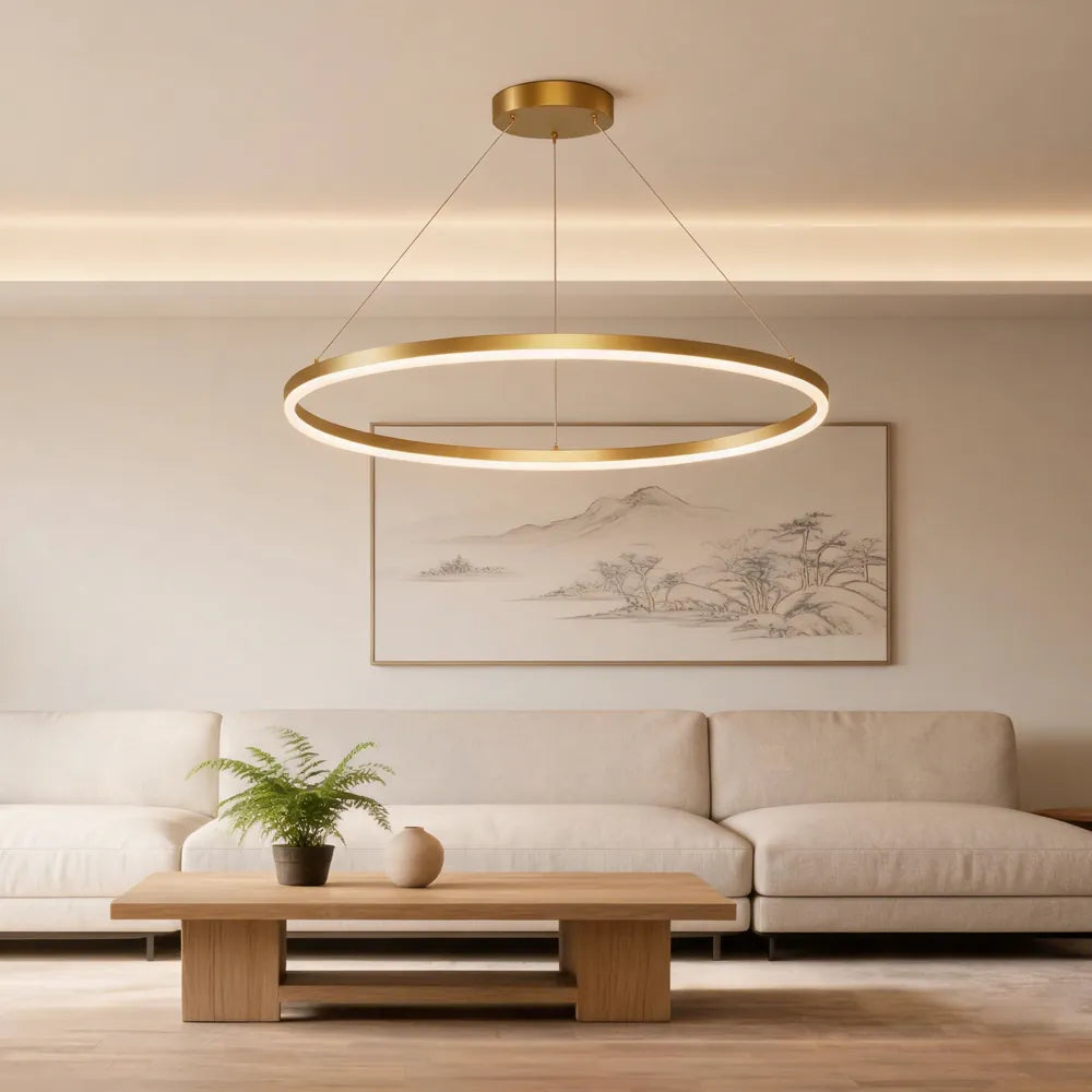 Modern Gold LED Ring Chandelier, 3CCT Adjustable Pendant | Hushwing