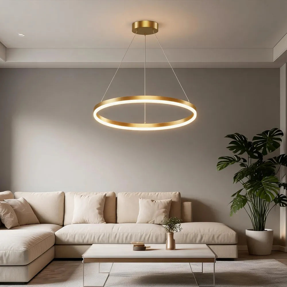 Modern Gold LED Ring Chandelier, 3CCT Adjustable Pendant | Hushwing