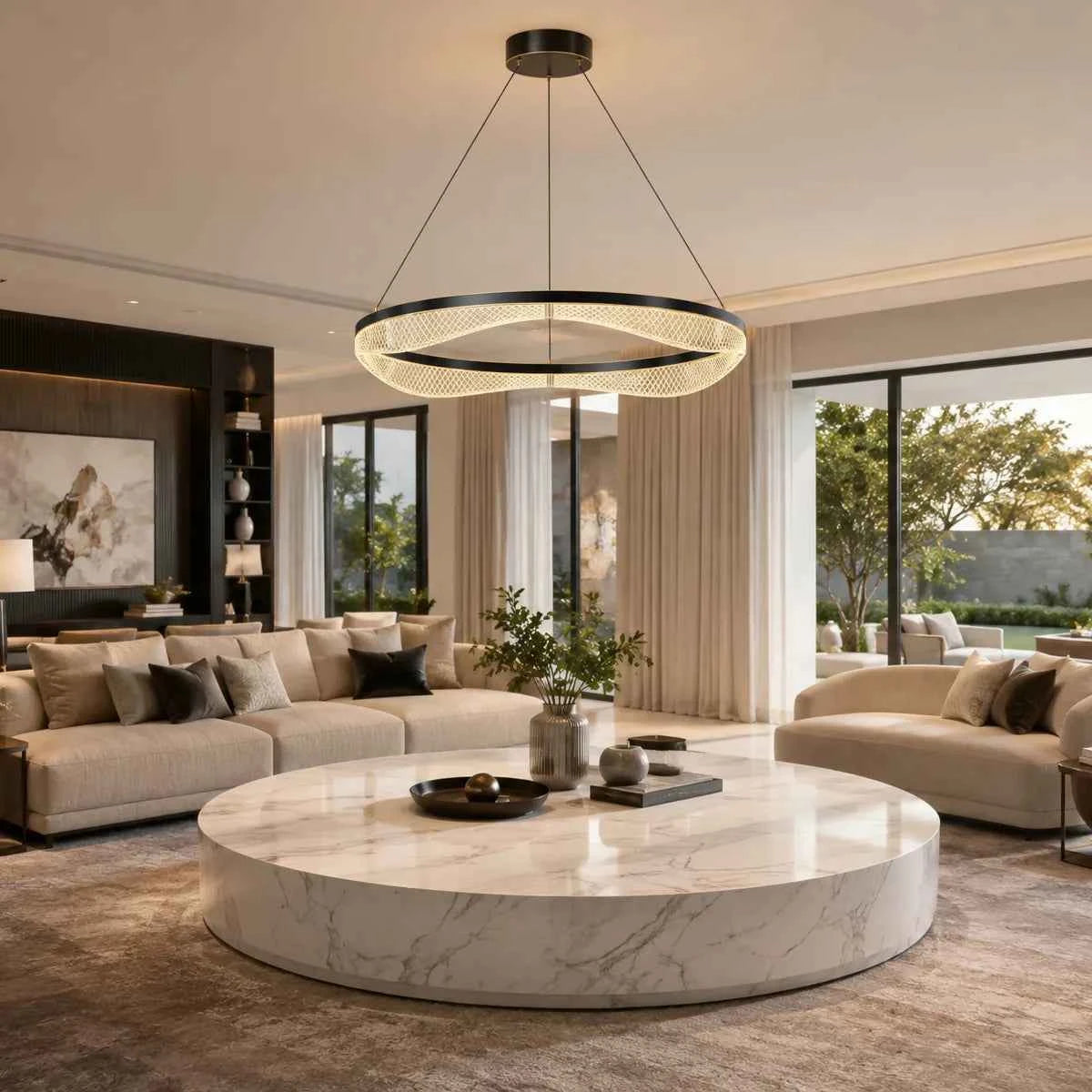 Modern Ring Chandelier in Black Gold with Acrylic LED Diffuser