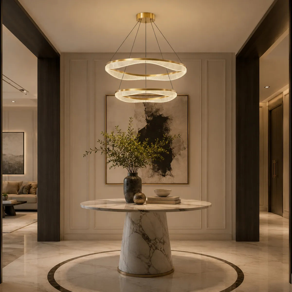 Two Tier Gold Chandelier with Acrylic LED Rings for Dining