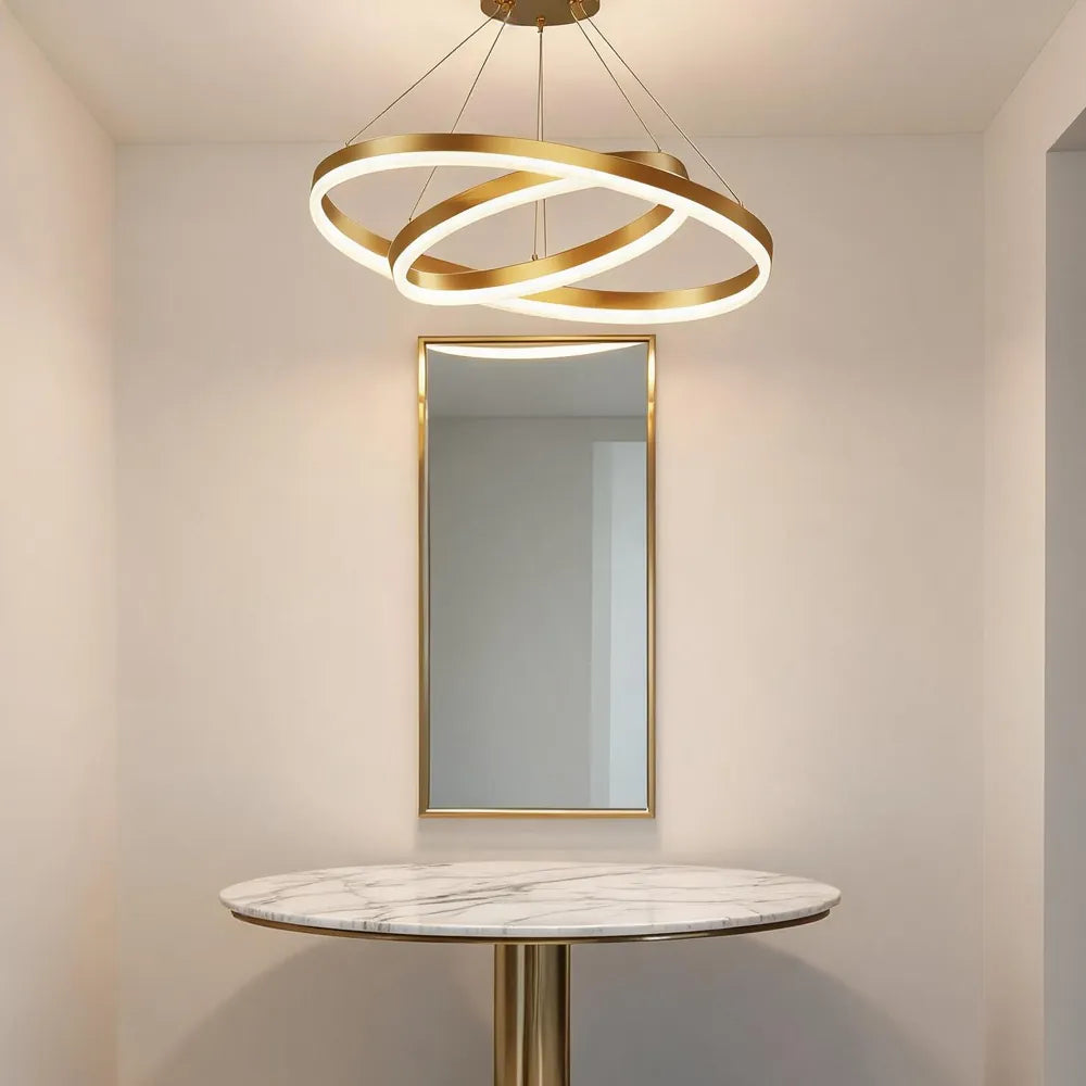 Two tier circular LED pendant light for modern foyer and staircase lighting