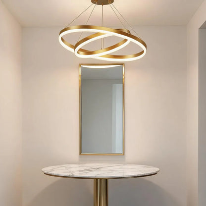 Two tier circular LED pendant light for modern foyer and staircase lighting