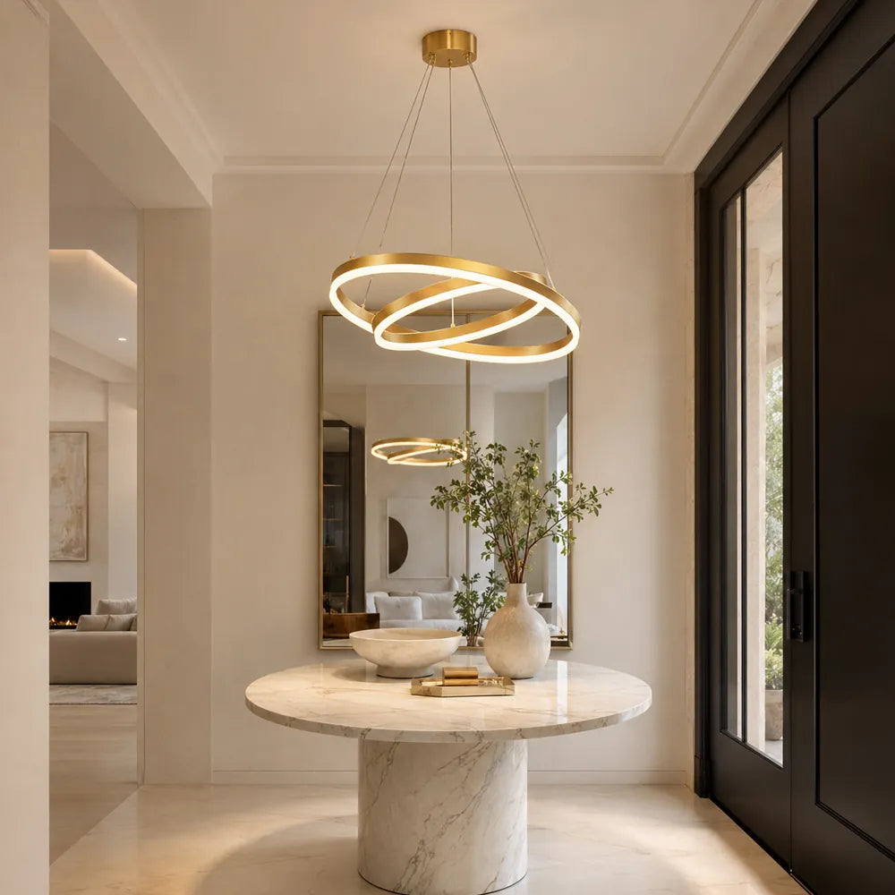Two tier circular LED pendant light for modern foyer and staircase lighting