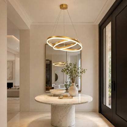 Two tier circular LED pendant light for modern foyer and staircase lighting