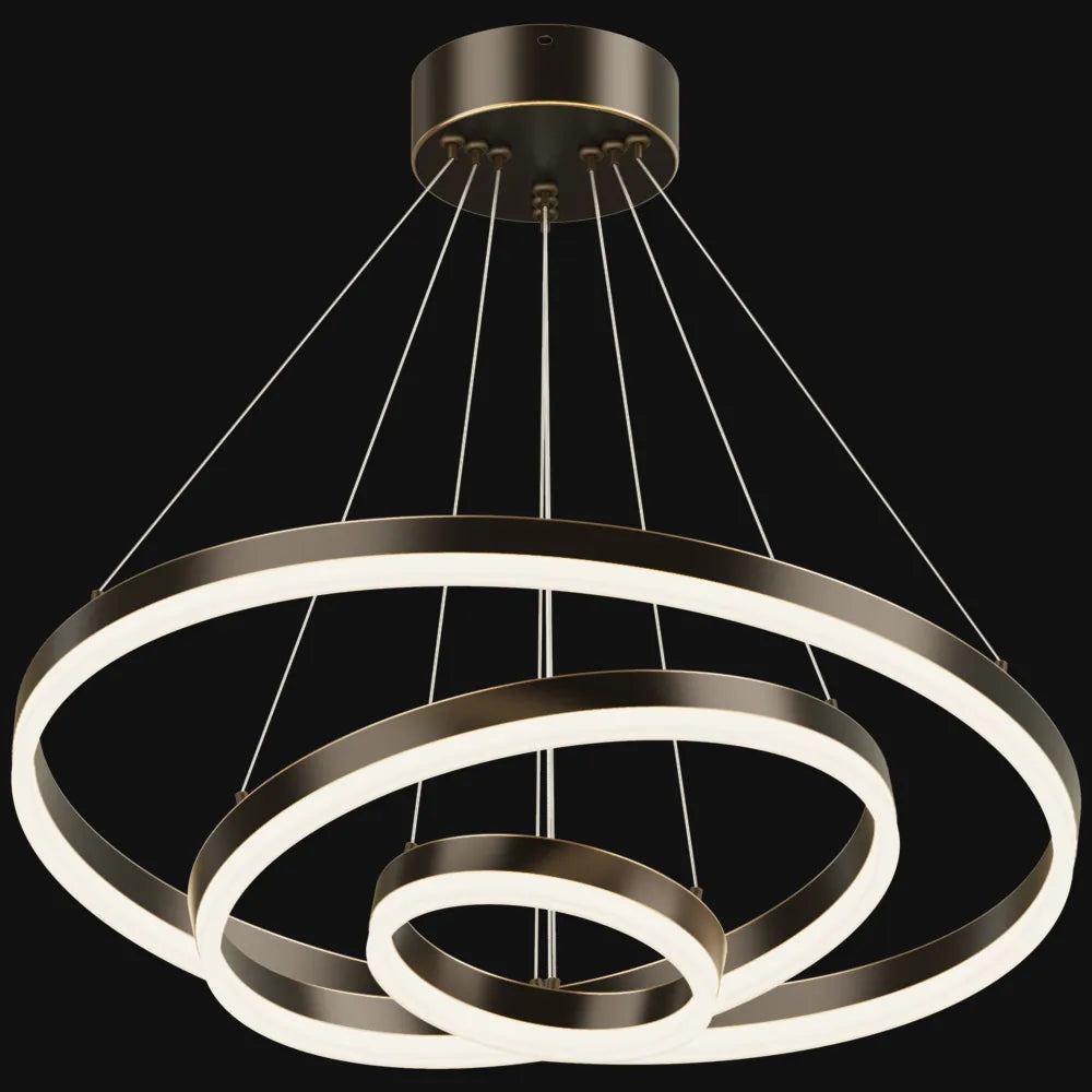 Three-tier blackened copper LED ring chandelier with acrylic diffusers and adjustable cable