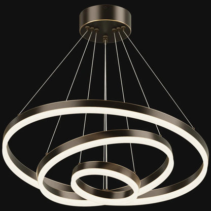 Three-tier blackened copper LED ring chandelier with acrylic diffusers and adjustable cable