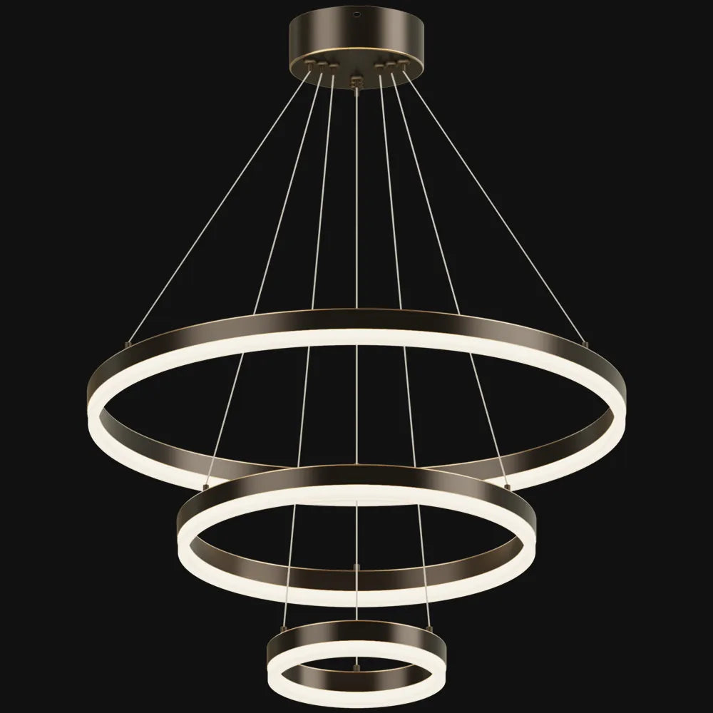 Three-tier blackened copper LED ring chandelier with acrylic diffusers and adjustable cable
