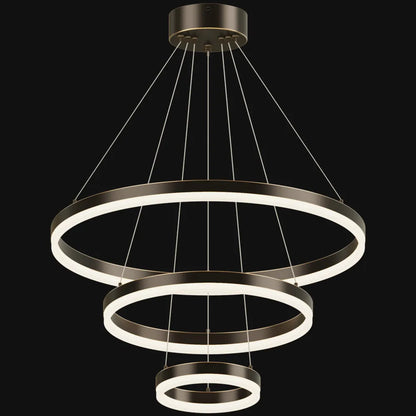 Three-tier blackened copper LED ring chandelier with acrylic diffusers and adjustable cable