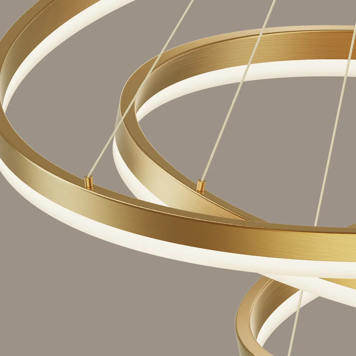 Close-up of natural copper ring frame, acrylic LED diffuser, and adjustable suspension cable