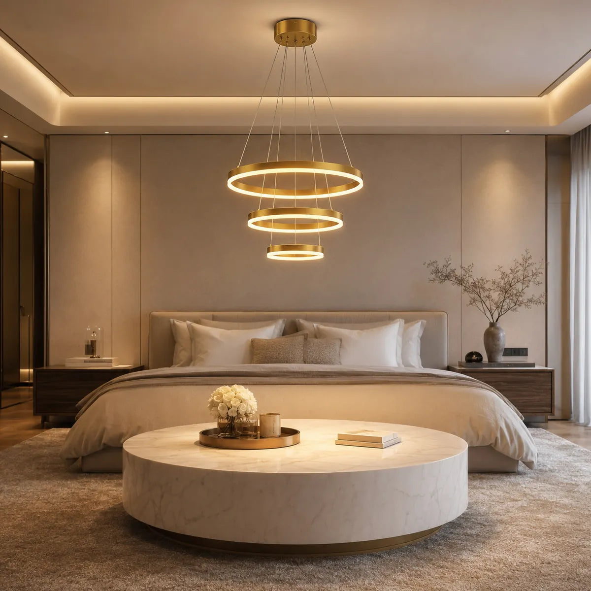 Gold 3-ring LED chandelier installed above a bed in a modern warm bedroom