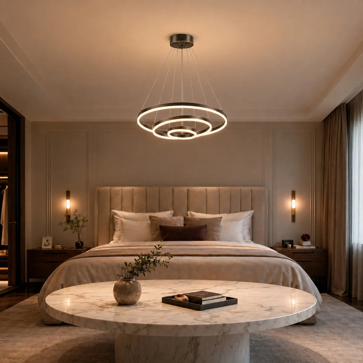 Circular LED chandelier glowing above a round dining table in a modern apartment dining room