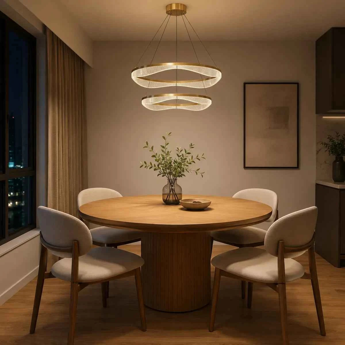 Two Tier Gold Chandelier with Acrylic LED Rings for Dining