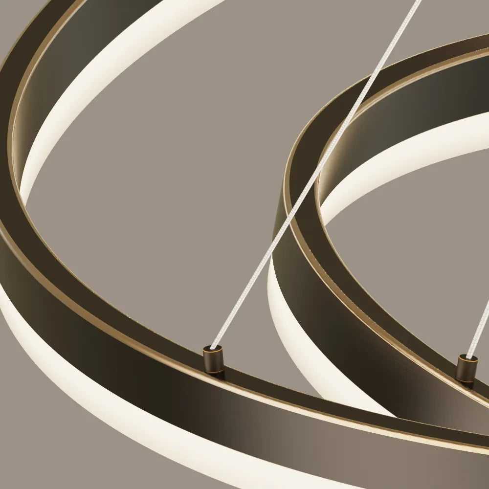 Blackened copper frame detail of double ring LED chandelier
