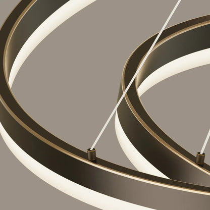 Blackened copper frame detail of double ring LED chandelier
