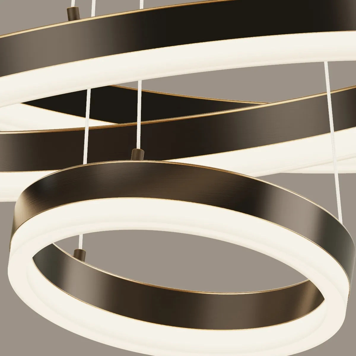 Detail of acrylic diffuser and blackened copper circular frame on a tiered LED chandelier