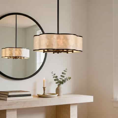 19.7" Black Floral Capiz Shell chandelier, 6-Light Drum, For Coastal Dining Room Kitchen Islands.