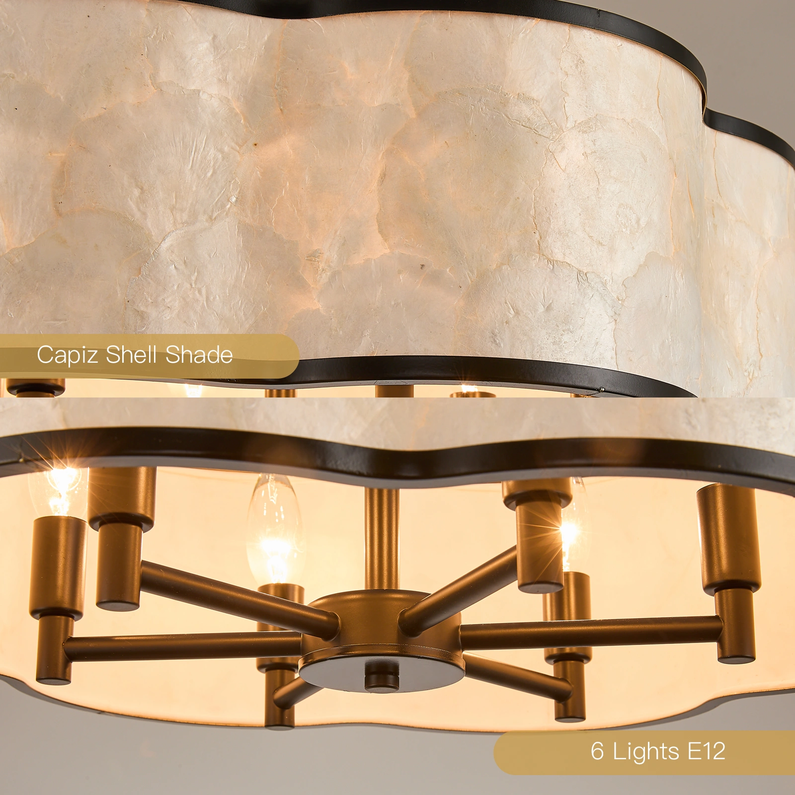 19.7" Black Floral Capiz Shell chandelier, 6-Light Drum, For Coastal Dining Room Kitchen Islands.