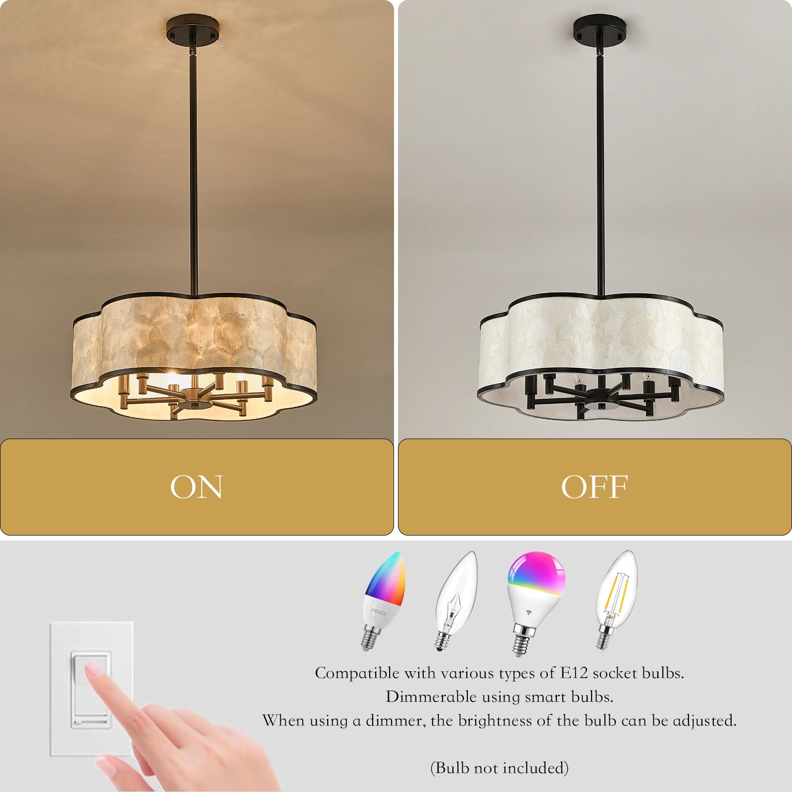 19.7" Black Floral Capiz Shell chandelier, 6-Light Drum, For Coastal Dining Room Kitchen Islands.