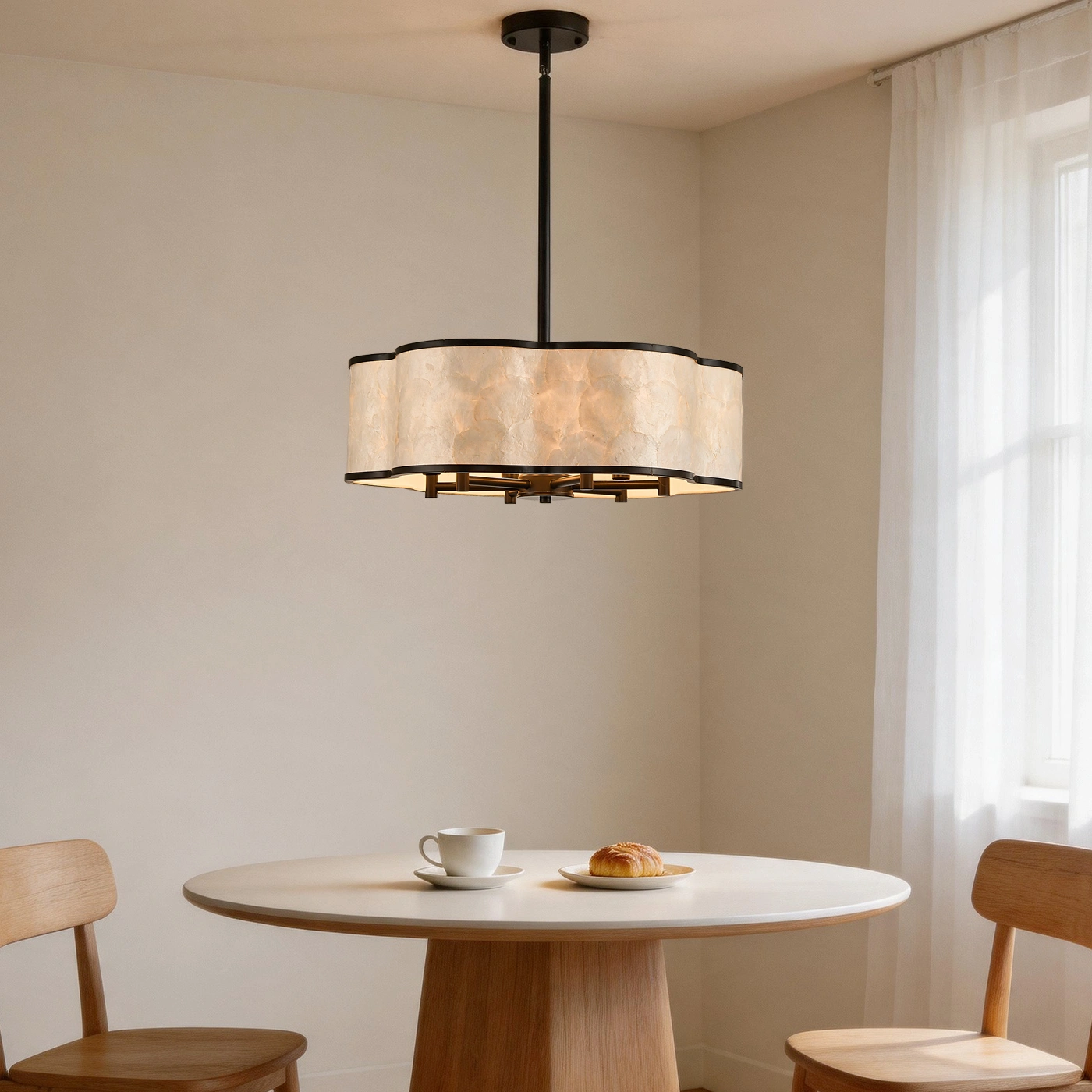 19.7" Black Floral Capiz Shell chandelier, 6-Light Drum, For Coastal Dining Room Kitchen Islands.
