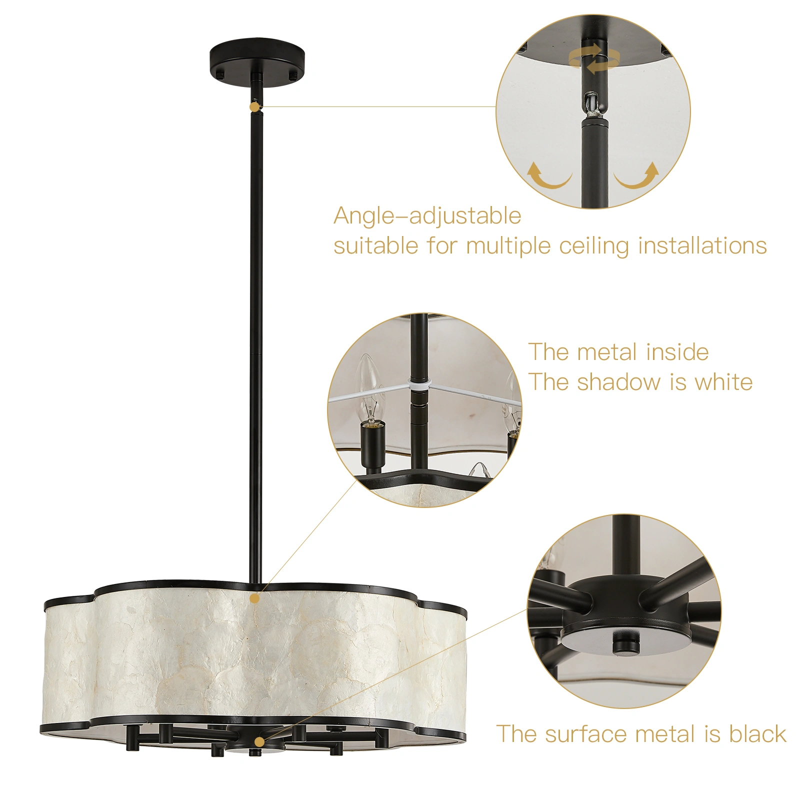 19.7" Black Floral Capiz Shell chandelier, 6-Light Drum, For Coastal Dining Room Kitchen Islands.