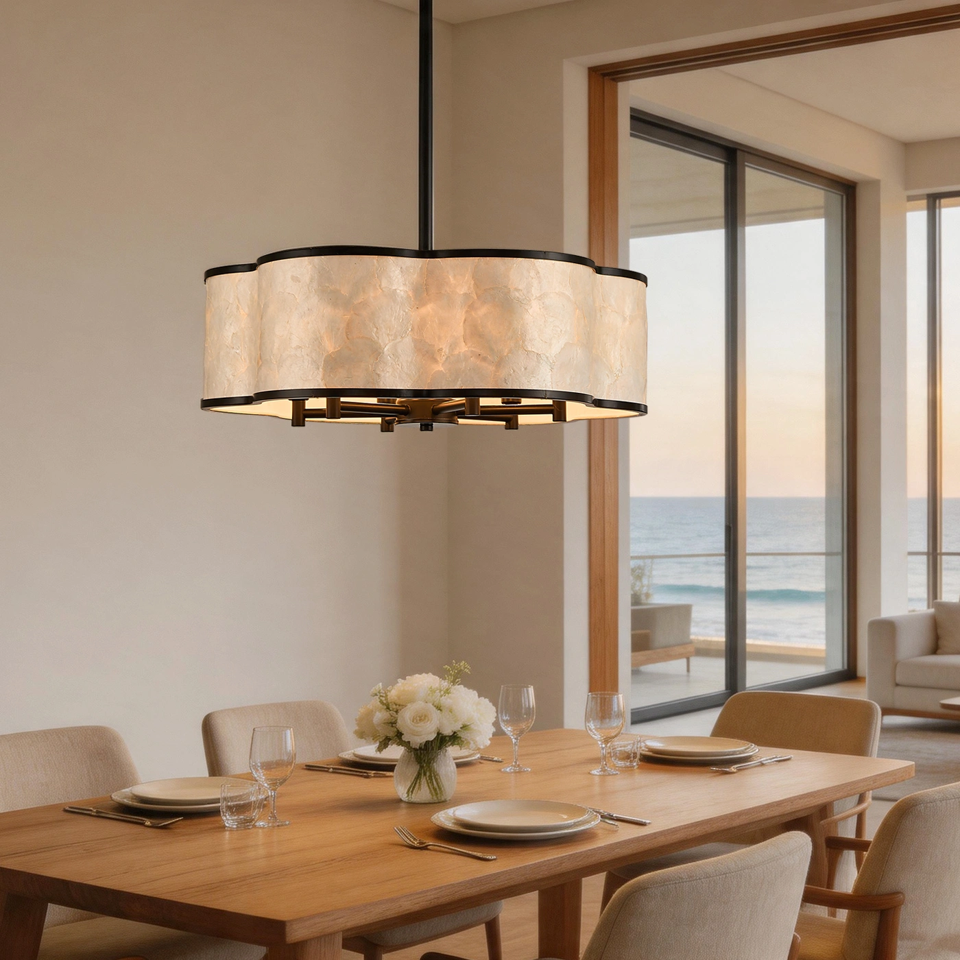 19.7" Black Floral Capiz Shell chandelier, 6-Light Drum, For Coastal Dining Room Kitchen Islands.