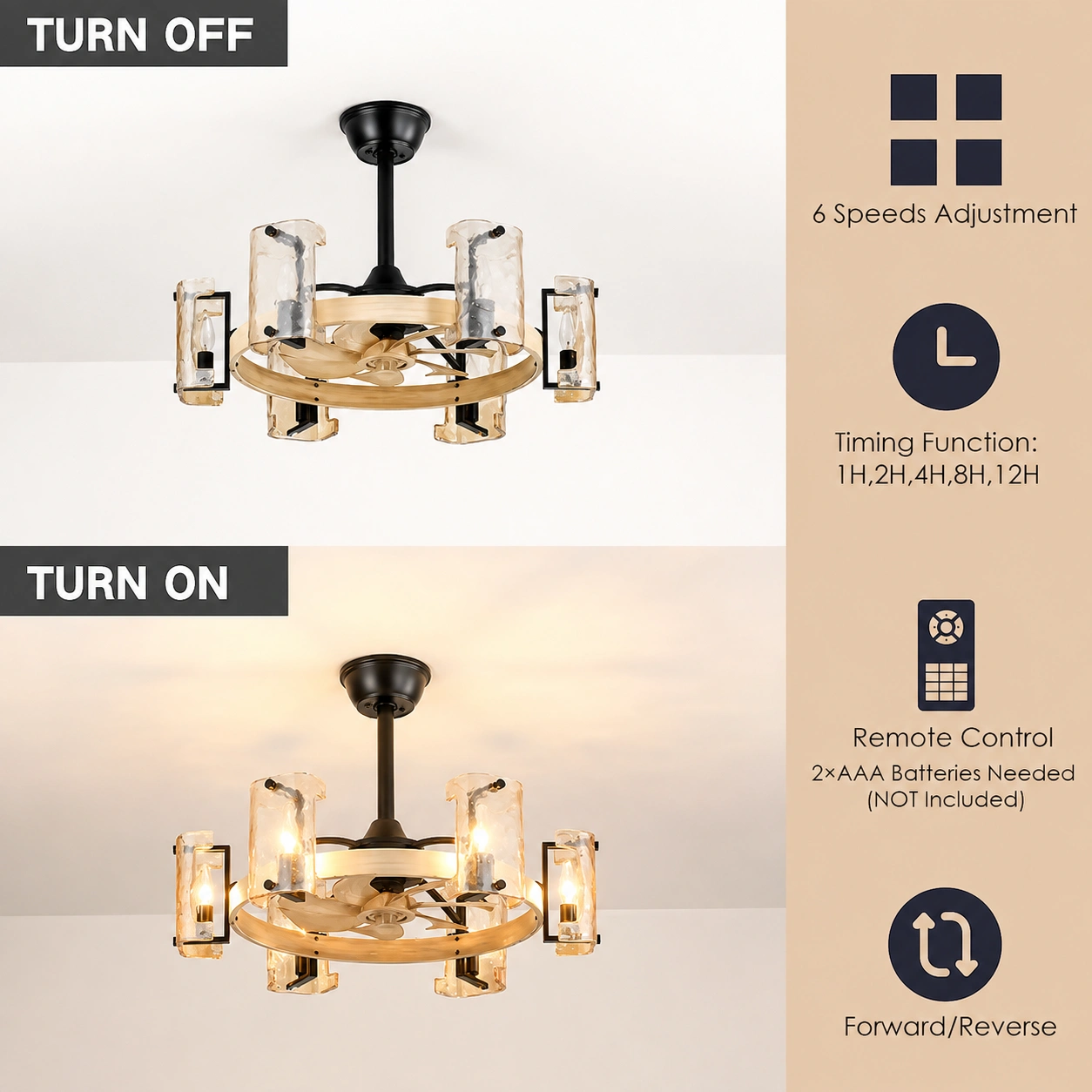 26.3" Rustic Amber Glass Fandelier Ceiling Fan with Remote, 6-Light
