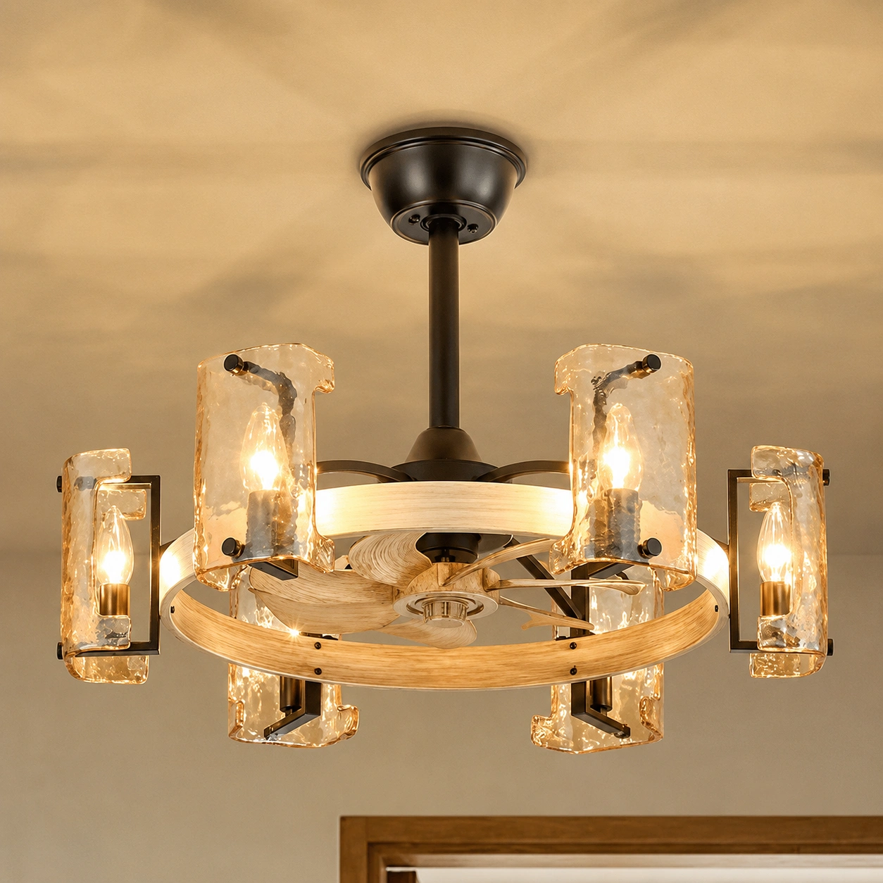 26.3" Rustic Amber Glass Fandelier Ceiling Fan with Remote, 6-Light