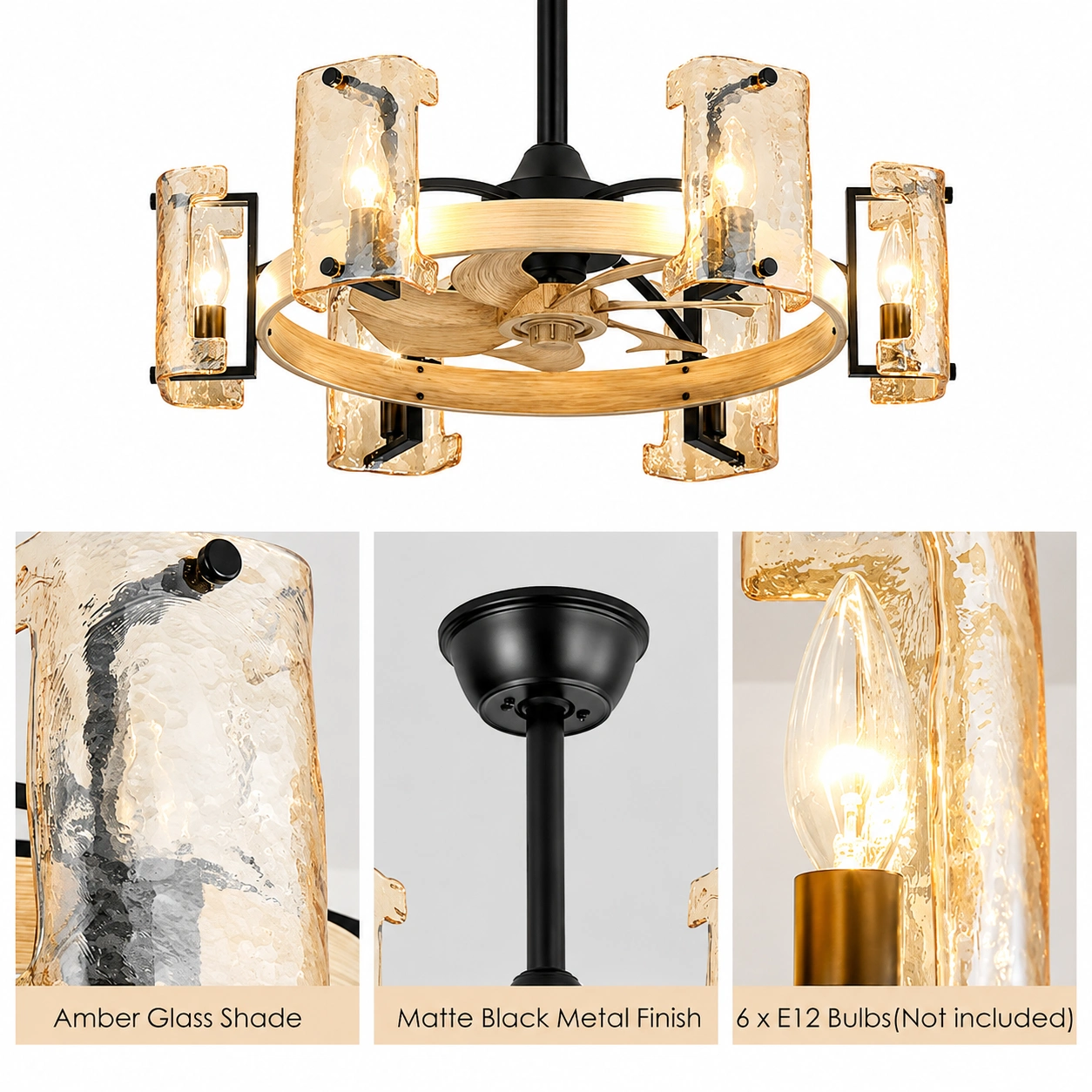 26.3" Rustic Amber Glass Fandelier Ceiling Fan with Remote, 6-Light