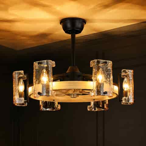 26.3" Rustic Amber Glass Fandelier Ceiling Fan with Remote, 6-Light