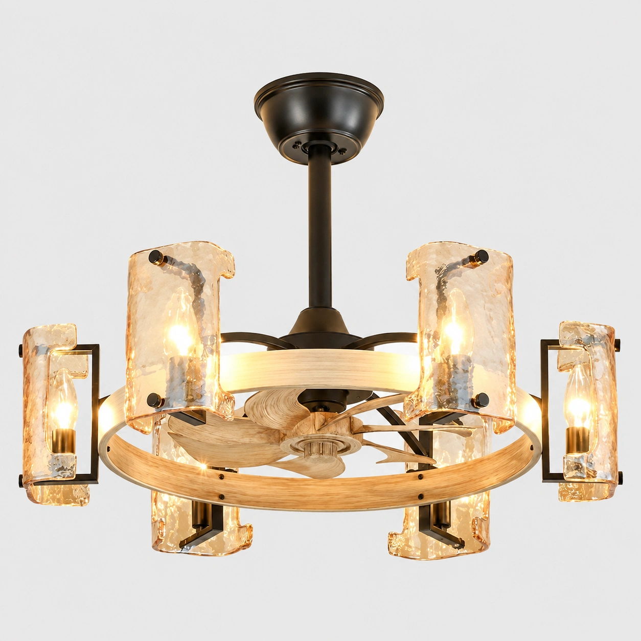 26.3" Rustic Amber Glass Fandelier Ceiling Fan with Remote, 6-Light
