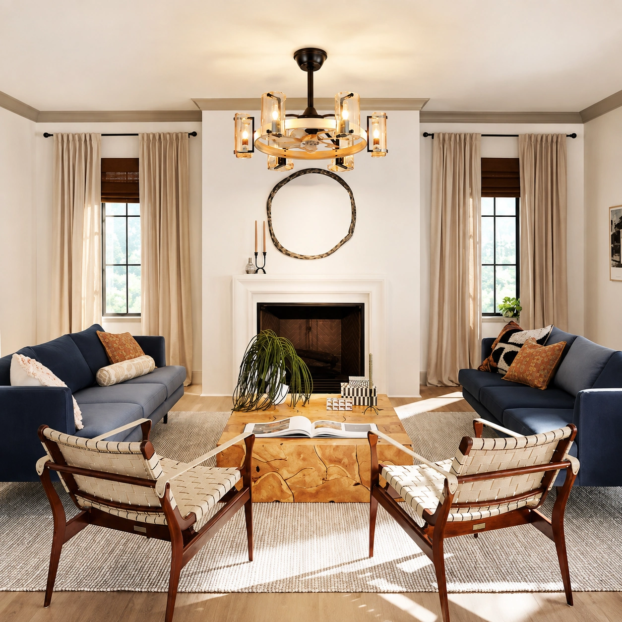 26.3" Rustic Amber Glass Fandelier Ceiling Fan with Remote, 6-Light