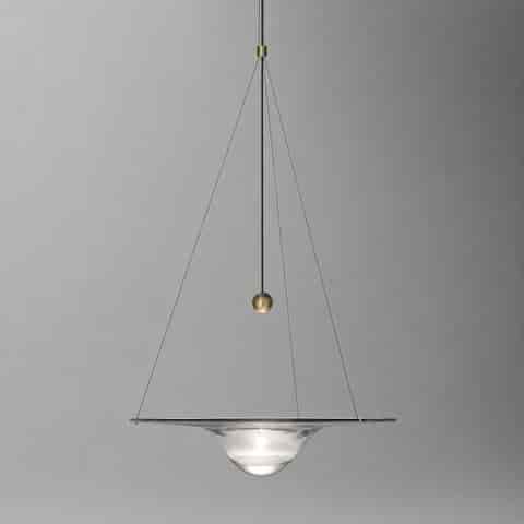 Single clear glass disc pendant light with shallow bowl profile, central light source, brass accent and three point suspension