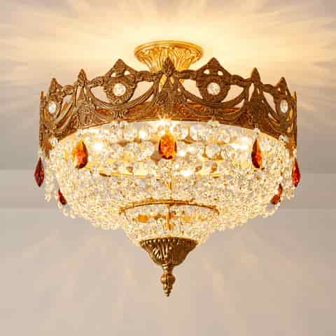Antique gold crystal flush mount chandelier with ornate vintage metalwork, layered crystal strands and amber teardrop accents