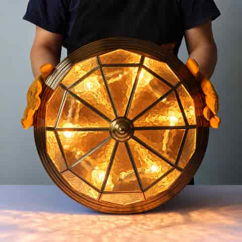 Round Tiffany style stained glass ceiling light with geometric amber panels and layered bronze metal rings