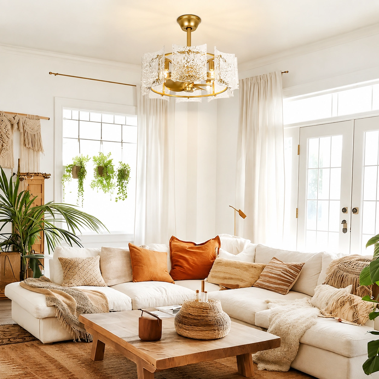 23.2-In Gold Ripple Glass Fandelier Ceiling Fan with Remote, 4-Light E12 & 6 Speeds