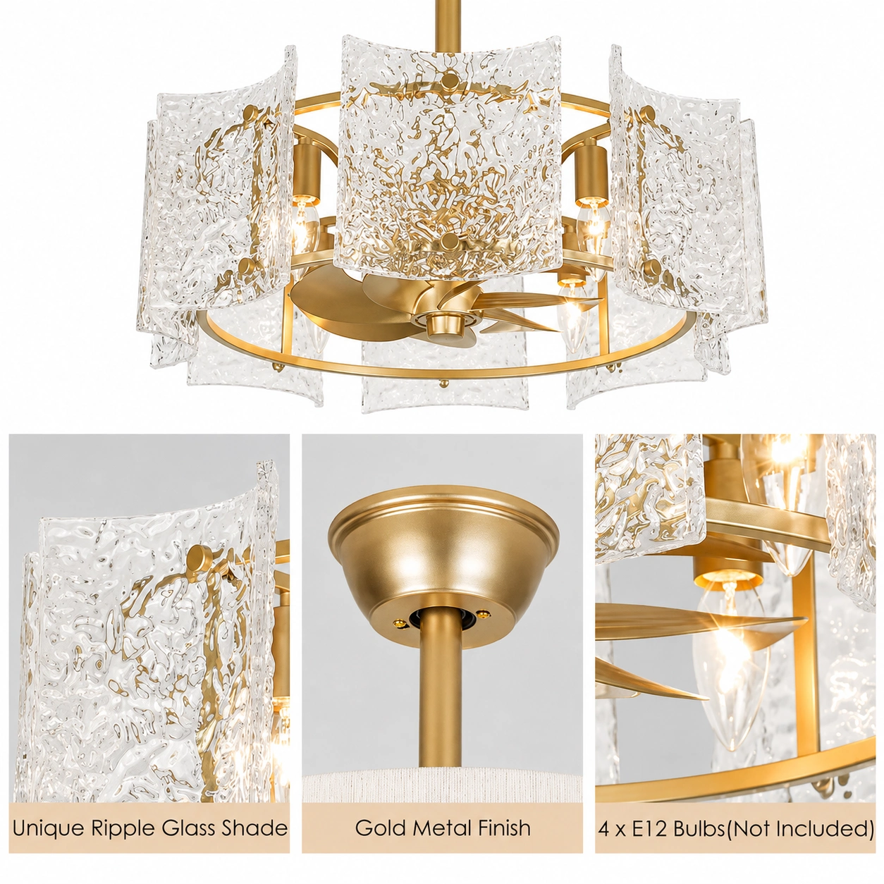 23.2-In Gold Ripple Glass Fandelier Ceiling Fan with Remote, 4-Light E12 & 6 Speeds