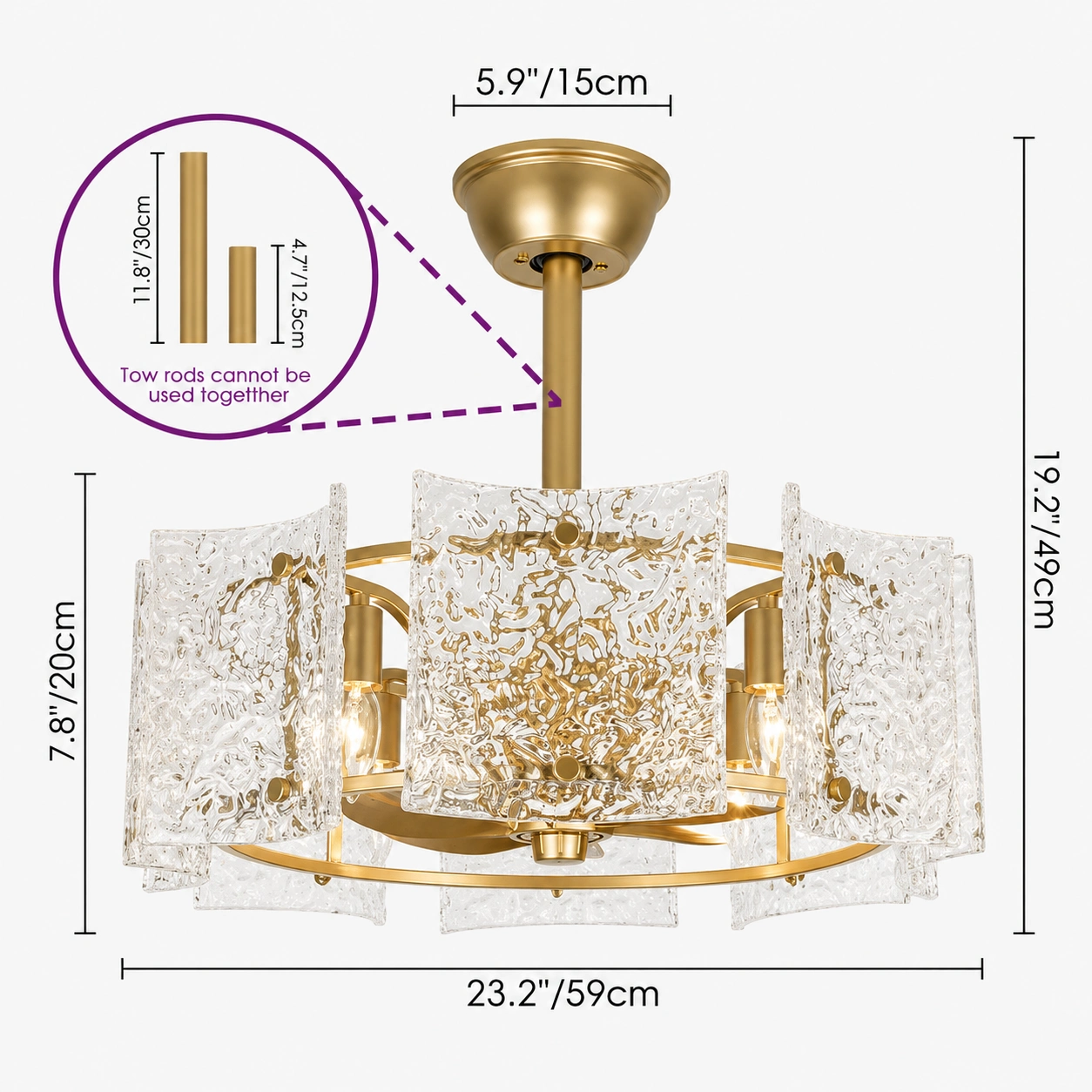 23.2-In Gold Ripple Glass Fandelier Ceiling Fan with Remote, 4-Light E12 & 6 Speeds