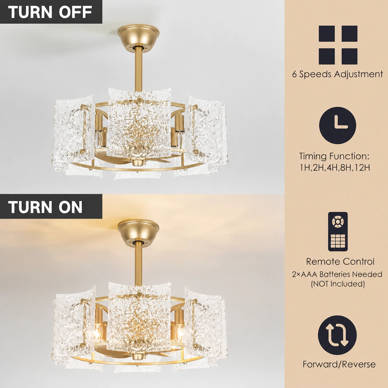 23.2-In Gold Ripple Glass Fandelier Ceiling Fan with Remote, 4-Light E12 & 6 Speeds