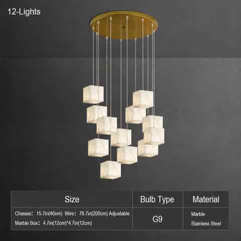 12 light marble cube cluster chandelier with gold tone round canopy and adjustable cables