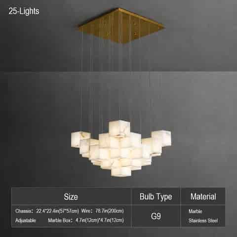 25 light marble cube cluster chandelier with square gold tone canopy and adjustable suspension