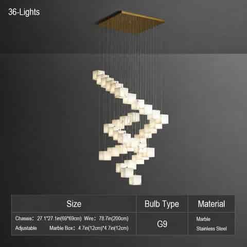 36 light marble cube staircase chandelier with spiral cascading arrangement and square canopy